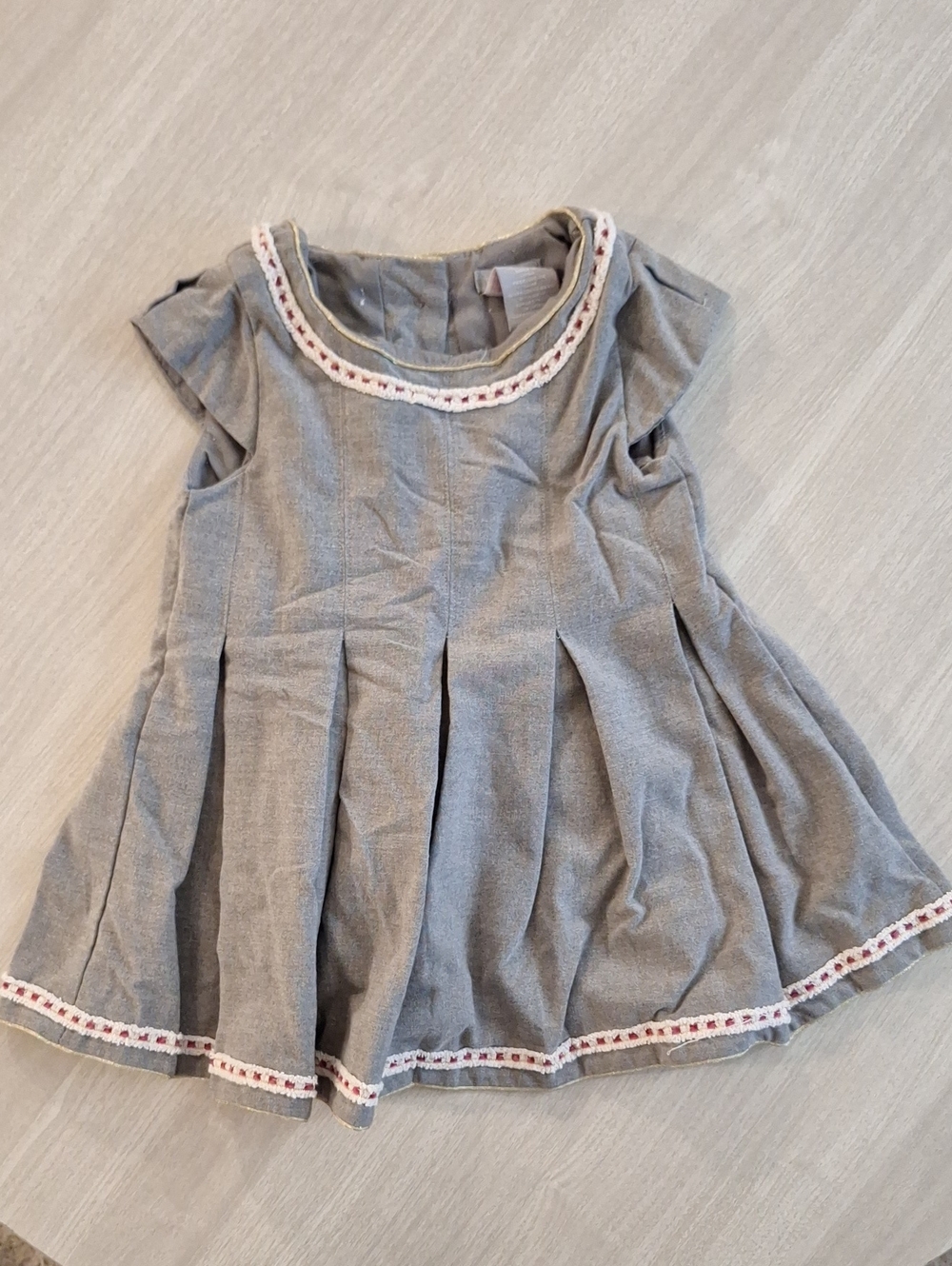 Tahari Grey Pleated Dress with Embroidered Trim